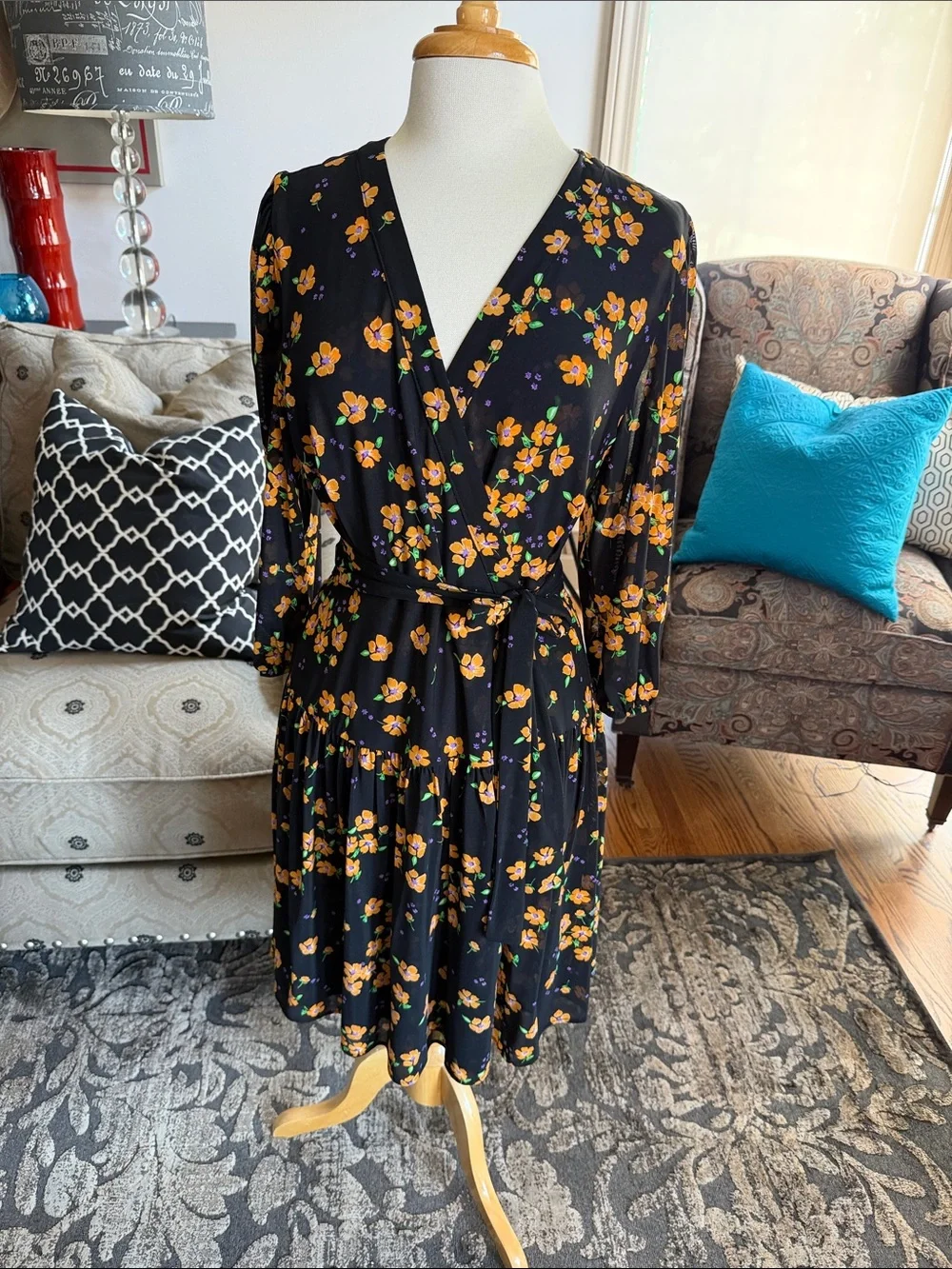 black dress with orange flowers CAbi Wrap Midi Floral Print #5945 Costume_Princess Costume Black & White Gingham Color:Yellow green floral Available In Black/Orange And